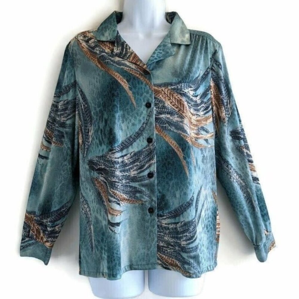 Vintage 90s Feather Print Knit Blouse MP Button Front Groovy Grandmacore